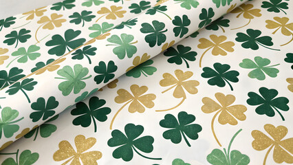 A repeating pattern of green and gold shamrocks, St. Patrick's Day
