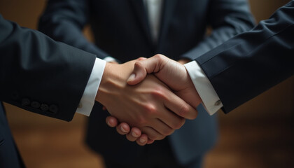 People shaking hand after business job interview at office building, negotiation, investor, success, partnership, teamwork, financial, connection concept. 