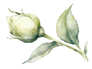 Naklejka premium delicate watercolor rosebud with subtle leaf details, showcasing fresh greenery and soft hues. This artwork captures beauty of nature in serene and elegant manner