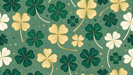 A repeating pattern of green and gold shamrocks, St. Patrick's Day