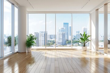 Fototapeta premium Modern Empty Home Office Room Interior With Blank Wall, Computer, Table, Bookshelf Mockup Frame -Ai