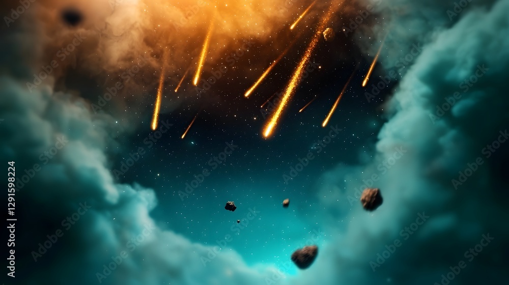 Poster glowing meteor showers bursting forth in a dazzling display illuminating the deep dark void of the v