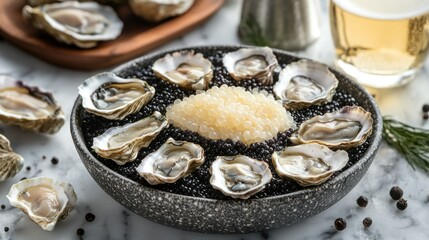 Oysters, caviar, and black pepper on marble, seafood appetizer