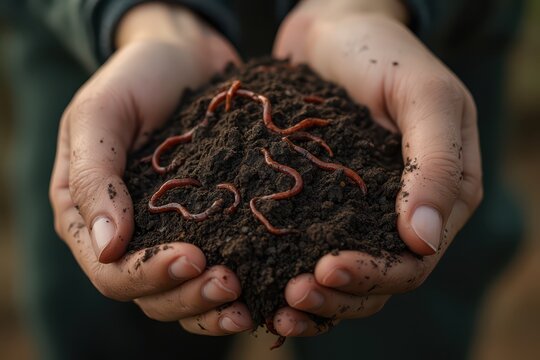 a person holding soil with worms in it