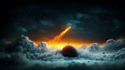 Glowing meteor showers streaking across the dark mysterious night sky with a deep void like center surrounded by ethereal clouds and a fantastical digital landscape