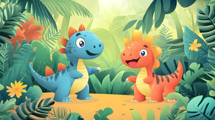 Fototapeta premium vector background featuring cute cartoon dinosaurs in a prehistoric jungle setting 
