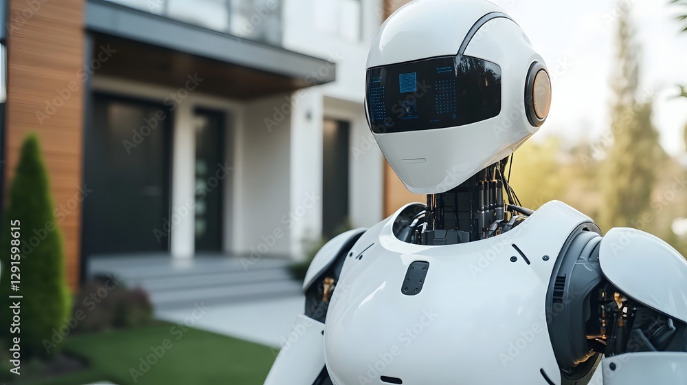 Poster humanoid robot assisting with household tasks in automated smart home