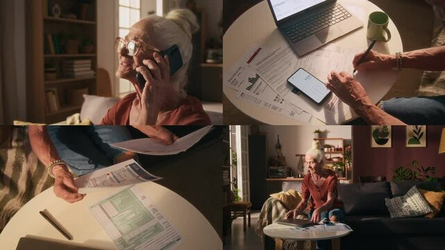 Split screen of Caucasian positive senior lady talking on phone with friend, looking through utility bills, opening laptop and calculating monthly costs using smartphone at home