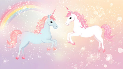vector background with cute unicorns, rainbows, and sparkles on a pastel gradient 