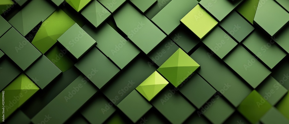 Poster green abstract background featuring three dimensional cubes with a photo display