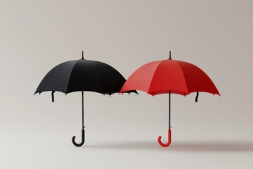 Insurance and Security, Protection, Safety. Two umbrellas, one black and one red, displayed against a neutral background.