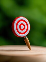 A red and white target symbol on a wooden surface representing goals and strategy.