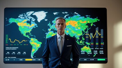 A focused trader stands confidently before a large digital screen showcasing global market trends and financial data