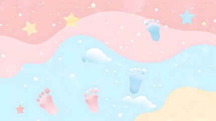 Fototapeta premium vector background with tiny footprints, stars, and clouds in pastel colors 