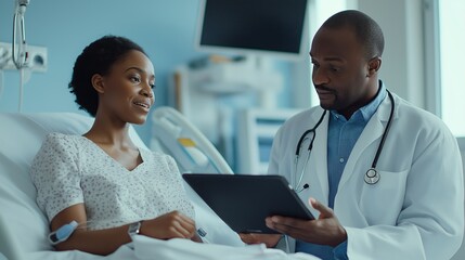 In a well-lit hospital room, a doctor explains treatment options to a patient using a tablet, fostering clear communication and understanding about her health
