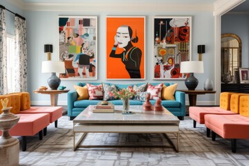 Fototapeta premium Stylish interior design in a modern living room featuring colorful artwork, a turquoise sofa, and coral accent chairs, creating a vibrant and inviting space