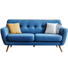 Fototapeta premium Stylish Blue Sofa with Throw Pillows Home Decor Modern Furniture, isolated on transparent background