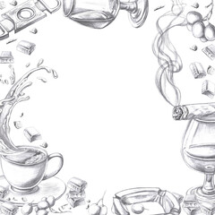 Square frame with bottle of cognac, glass, cup of coffee and nuts. Isolated pencil illustration on the theme of alcohol in a realistic style for bar menu design, restaurant interior.