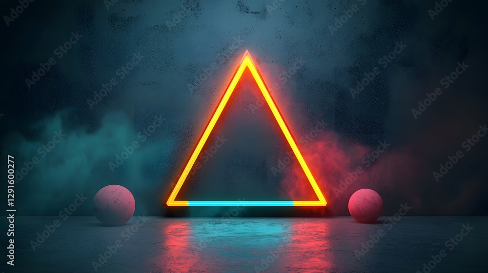 Poster glowing neon triangular shapes symmetrically arranged against a dark moody backdrop create a dynamic