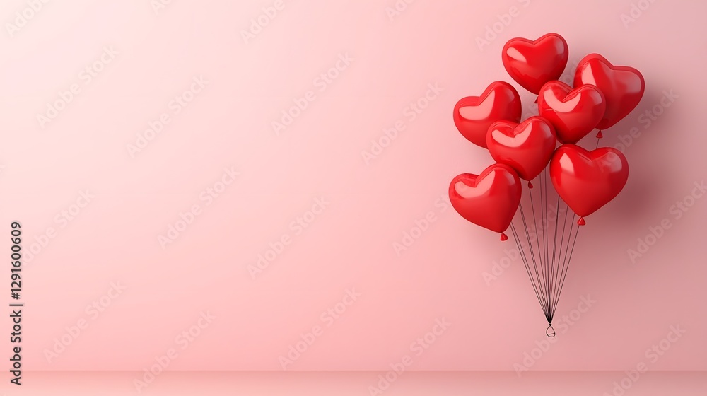 Poster glowing red heart shaped balloons floating elegantly on a soft pastel pink gradient background creat