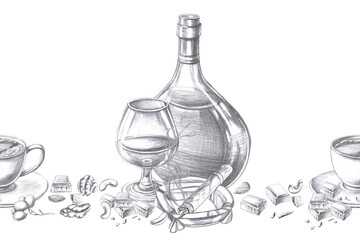 Seamless border with a bottle of cognac, a glass, a cup of coffee and nuts. Isolated pencil illustration on the theme of alcohol in a realistic style for the design of a bar menu, restaurant interior.