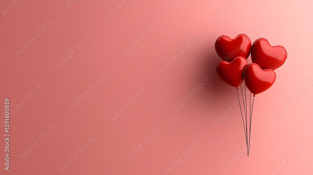 Poster glowing red heart shaped balloons floating on a soft pastel pink gradient background leaving ample c