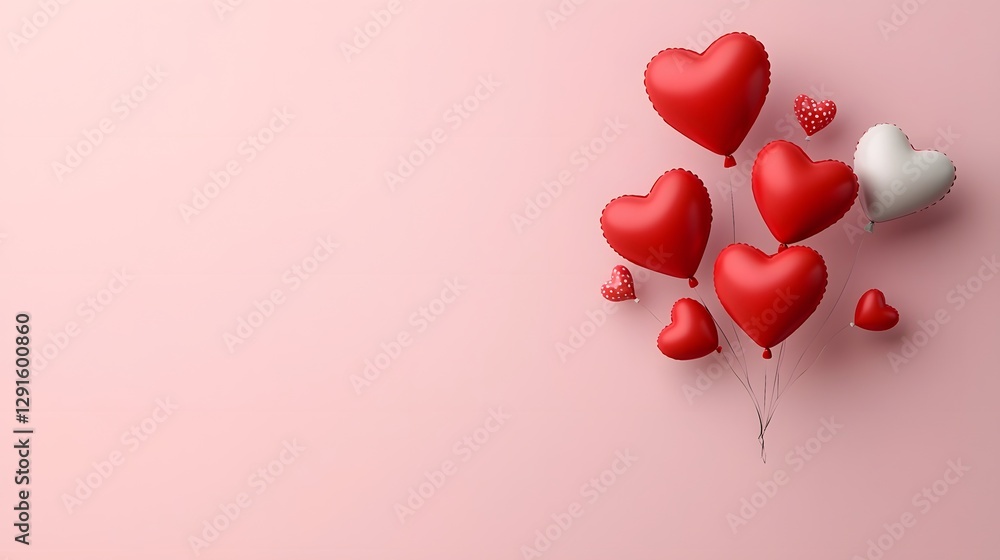 Poster glowing red heart shaped balloons floating on a soft pastel pink gradient background leaving empty s