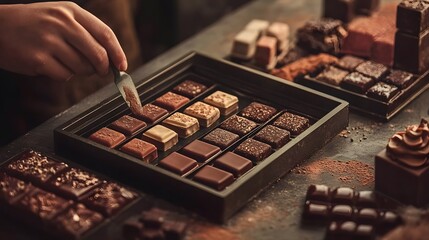 Artisan Chocolate Delights: A hand delicately selects a handcrafted chocolate from a tray, surrounded by a decadent assortment of gourmet treats and cocoa powder.