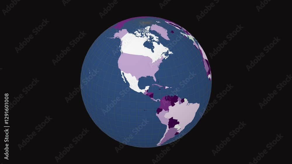 Poster rotating earth. slanted sphere view. fast speed globe rotation. colored countries style. world map w
