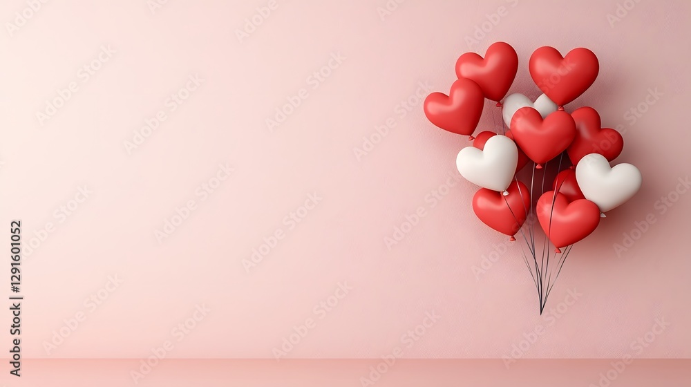 Poster glowing red heart shaped balloons floating on both sides of a soft pastel pink gradient background l