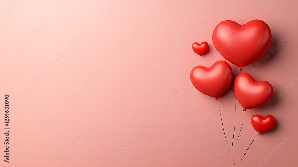 Poster glowing red heart shaped balloons gently floating on a soft pastel pink gradient background creating