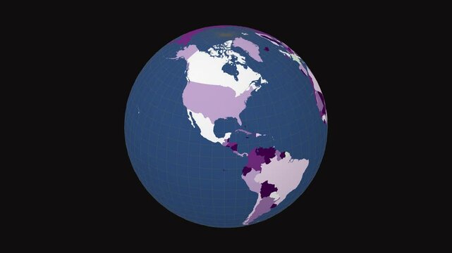 Rotating earth. Slanted sphere view. Fast speed globe rotation. Colored countries style. World map with dense graticule lines on dark background. Neat animation.