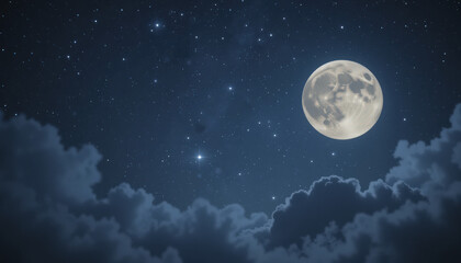 bright full moon shines in starry night sky, surrounded by soft clouds