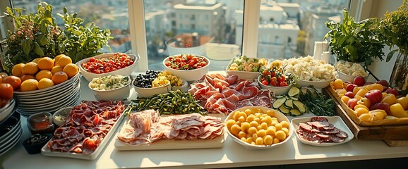 Abundant buffet table with various meats, cheeses, vegetables, and fruits near a window with a city view.