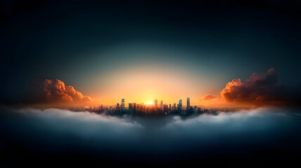 Fototapeta premium Glowing symmetrical cityscape skyline silhouetted against a moody dark nighttime landscape with dramatic lighting and atmospheric ambiance