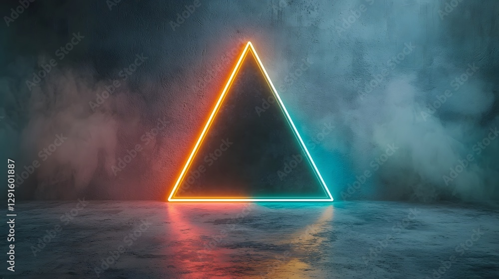 Poster glowing triangular neon shapes positioned symmetrically on the edges of a deep black frame creating 