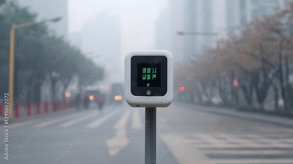 Poster close-up of air sensor with digital readout indicating high pollution levels