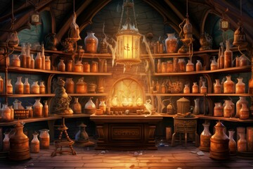 A background of a witch’s potion room filled with bubbling cauldrons, shelves of spell books, potion bottles, and eerie green lighting, magical and spooky	
