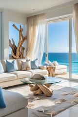 A living room with a view of the ocean
