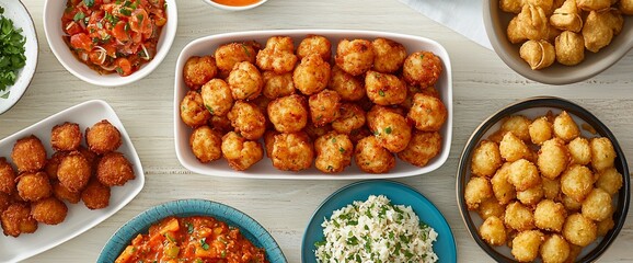 Assortment of fried appetizers, sides, and sauces.