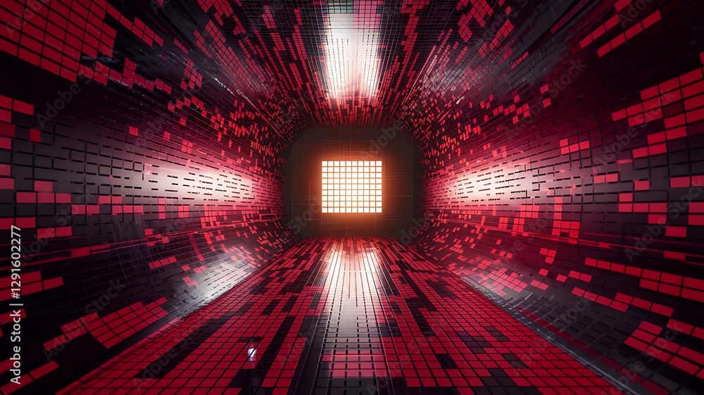 Poster abstract red tech tunnel. digital code patterns fill walls, floor. futuristic matrix design. intense