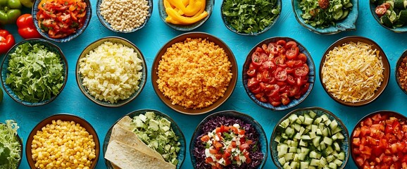 Colorful bowls of various chopped ingredients for a healthy meal.