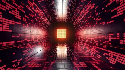 Abstract red tech tunnel. Digital code patterns fill walls, floor. Futuristic matrix design. Intense red lights create dynamic visual. Deep perspective leads to glowing central point. Modern graphic