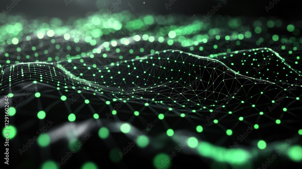 Poster green network with interconnected dots and lines on a digital background for technology and communic