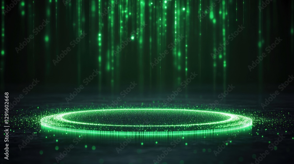 Poster green glowing circle on dark background with soft illumination and gradients in abstract design