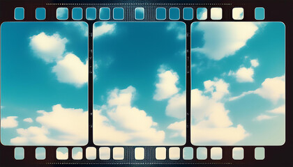 triple vintage film strip frame with blue sky and clouds