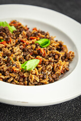 Rice lentil and vegetables snack fresh tasty food dish vegetarian vegan food no meat gourmet food background on the table rustic food top view copy space 