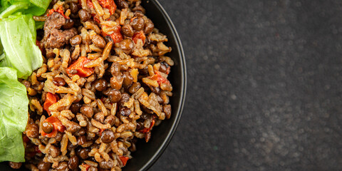 Rice lentil and vegetables snack fresh tasty food dish vegetarian vegan food no meat gourmet food background on the table rustic food top view copy space 