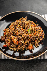 Rice lentil and vegetables snack fresh tasty food dish vegetarian vegan food no meat gourmet food background on the table rustic food top view copy space 