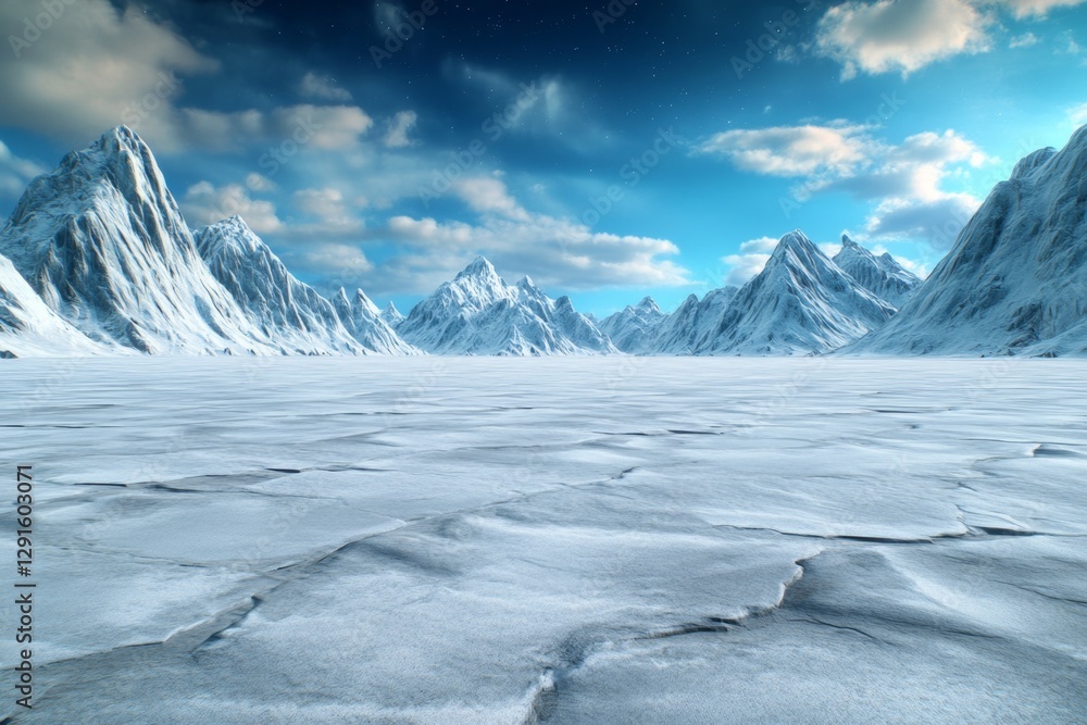 Poster 3d rendering depicting dark blue mountains in the distance, a flat ground, and a white background wi